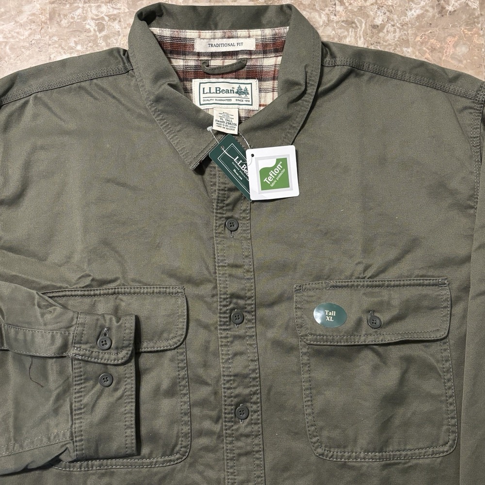 LL Bean Hurricane Shirt XLT XL Tall Green Long Sleeve Flannel Lined Teflon NEW